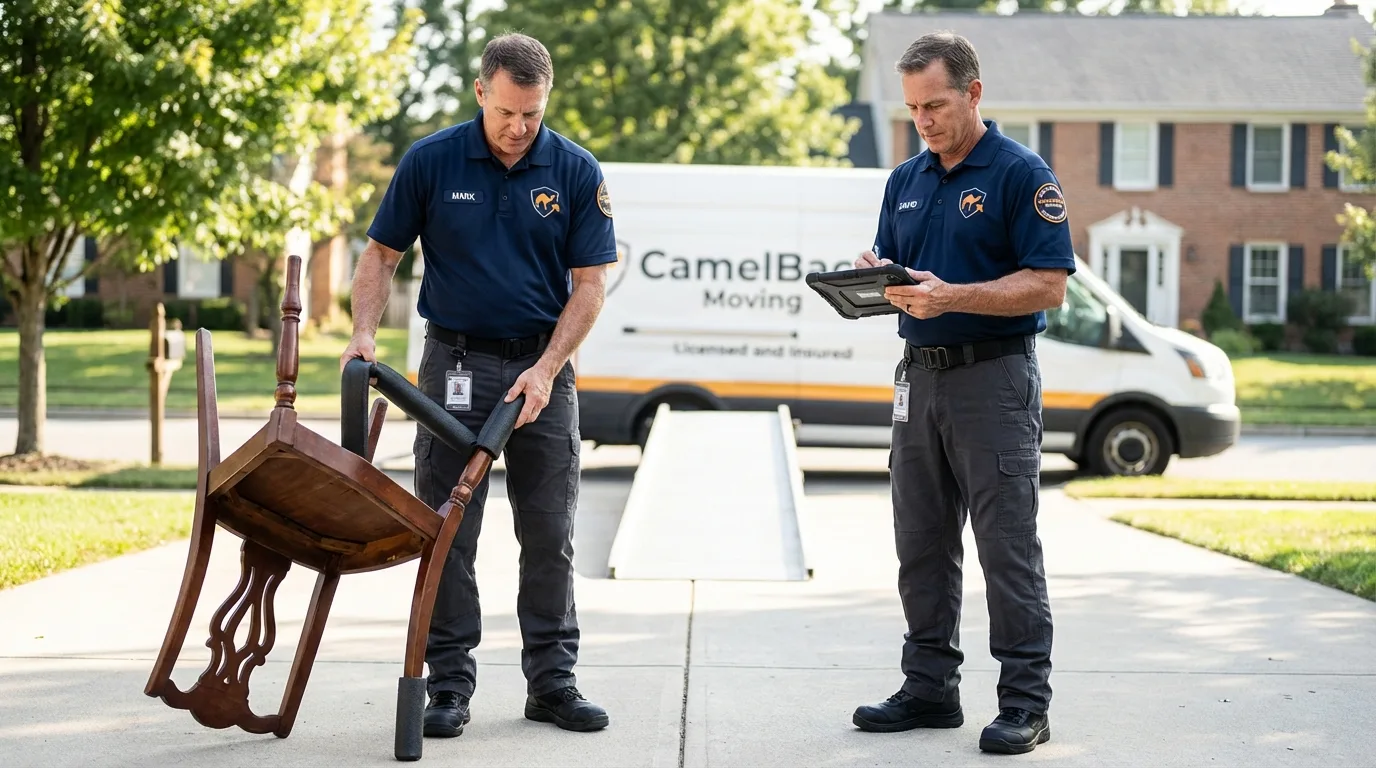Movers inspecting furniture for damage prevention before loading in Lake Butler, FL